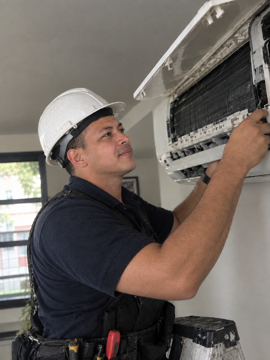 Technician working on an open indoor unit