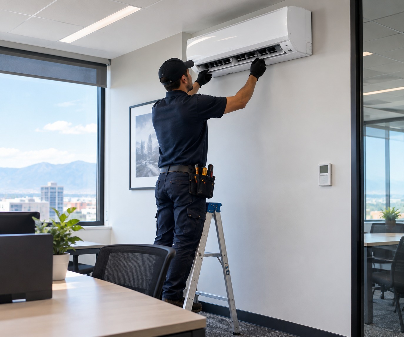 Technician servicing a wall-mounted unit in an office
